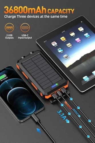 Mregb Power Bank,Solar Charger,36800mAh 5V3.1A QC 3.0 Dual 2 USB Port Built-in Powerful Flashlight IPX7 Waterproof Dustproof Shockproof(Orange) - Image 2