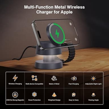 iVANKY 4 in 1 Wireless Charger for iPhone 17 Charging Station with Night Light, 15W 3 in 1 Travel Stand for MagSafe Charger for iPhone 17/16/15/14/13/12/11/X Pro/Max/Plus/Air, Apple iWatch, Airpods - Image 3
