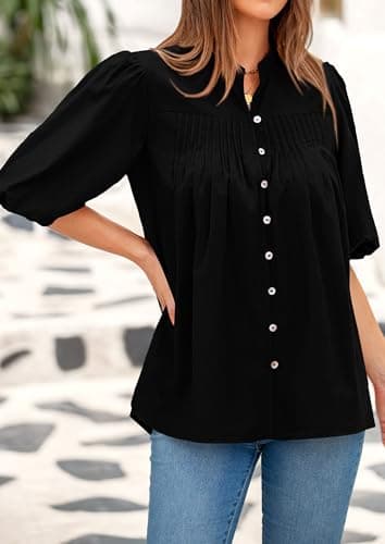 PRETTYGARDEN Women's 2025 Summer Short Lantern Sleeve Tops Loose Fit Button Down Shirt Pleated V Neck Blouses Trendy Clothes (Black,X-Large) - Image 4