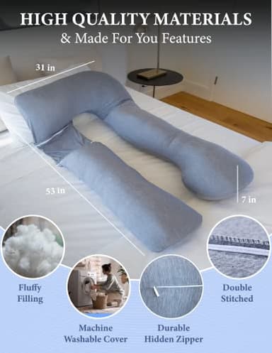 Pharmedoc Pregnancy Pillows, U-Shape Full Body Pillow – Removable Cooling Cover -Dark Grey – Belly and Back Support - Maternity Essential - Pregnancy Must Haves - Image 6
