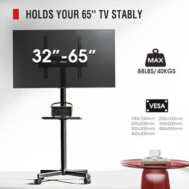 AOKCOS Rolling TV Stand - Mobile TV Stand on Wheels for 32-65 inch Flat/Curved TVs with Tilting, Height Adjustment Portable Rolling TV Cart Hold up to 88 Lbs for Livingroom, Bedroom, Office, Outdoor - Image 7
