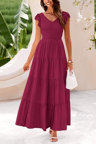 PRETTYGARDEN Women's Summer Flowy Maxi Dress Casual Cap Sleeve V Neck Smocked Beach Sundress (Solid Wine Red,Large) - Image 3