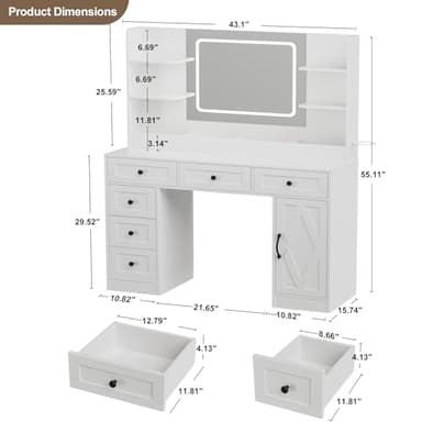 COMHOMA Makeup Vanity Desk with Mirror and Lights, Large Vanity Table with 6 Drawers & 1 Storage Cabinet, White Bedroom Dresser Table for Girls, 3 Color Modes Adjustable Mirror, White - Image 7