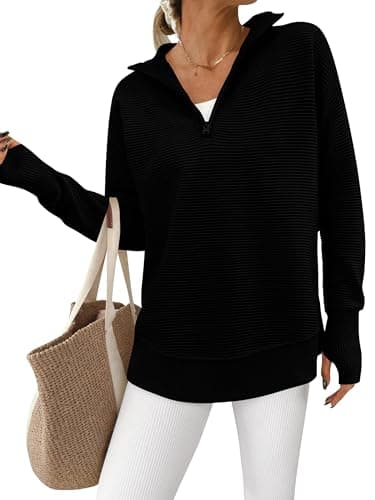 PRETTYGARDEN Womens Long Sleeve Quarter Zip Pullover Sweater Casual Loose V Neck Collared Ribbed Knit Jumper Tops Thumb Hole(Black,Large) - Image 1