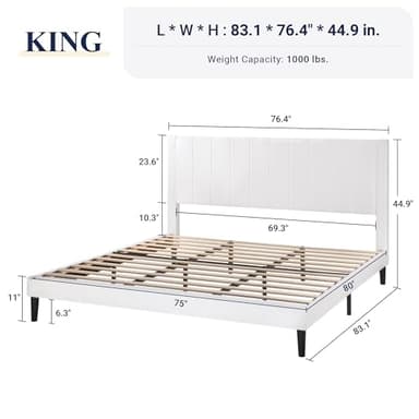 Allewie King Bed Frame/Velvet Upholstered Bed Frame with Vertical Channel Tufted Headboard/Strong Wooden Slats/Platform Bed Frame/Mattress Foundation/Box Spring Optional/Easy Assembly/White - Image 2