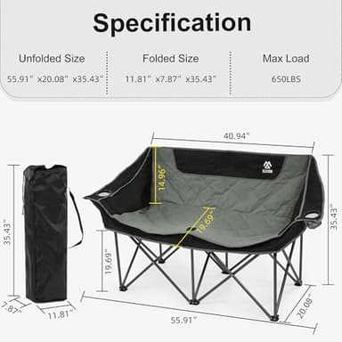 Elevon Camping Chair, Oversized Loveseat Double 2 Person Outdoor Chair with Arms, Cup Holder and Carry Bag, Heavy-Duty Collapsible Chair for Outside,Black/Gray - Image 3