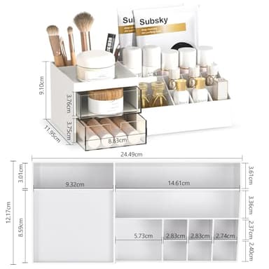 Subsky Makeup Organizer with Drawers, Easy Storage for Beauty Products Brushes, Multifunction Plastic Desk Organizer, Cosmetics Organizer for Countertop Dresser Vanity and Bathroom (White) - Image 2