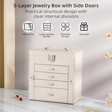 FEIYAN Large Jewelry Box,5-Tier PU Leather Jewelry Organizer with Lock,Multi-functional Storage Case with Mirror,Jewelry Organizer for Bracelets, Earrings, Rings, Necklaces (WHITE) - Image 2