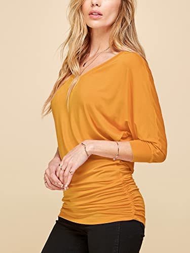 Made By Johnny MBJ WT1036 Womens V Neck 3/4 Sleeve Dolman Top with Side Shirring S Mustard - Image 5