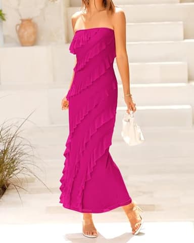 BTFBM Women Summer Elegant Strapless Midi Ruched Bodycon Dress Solid Color Stretch Mesh Slim Party Cocktail Dresses - Image 5