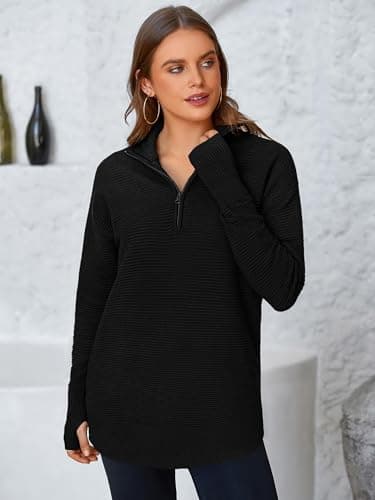 PRETTYGARDEN Womens Long Sleeve Quarter Zip Pullover Sweater Casual Loose V Neck Collared Ribbed Knit Jumper Tops Thumb Hole(Black,Large) - Image 2