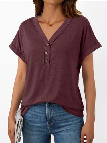 AUTOMET Short Sleeve V Neck T Shirts Womens 2025 Summer Spring Fashion Business Casual Dressy Cute Lightweight Loose Fit Work Tshirts Ladies Blouses Henley Tops Clothes Outfits Clothing Wine - Image 6