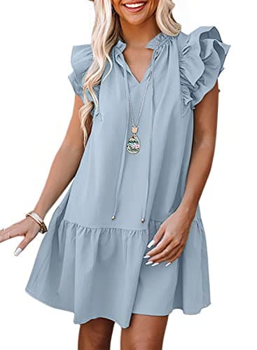 Dokotoo Beach Vacation Clothes for Women Fashion Sleeveless Tank Dress Sexy V-Neck Drawstring Side Pockets Ruffle Casual Summer Short Dress Vestidos De Verano para Mujer Sky Blue Medium - Image 1