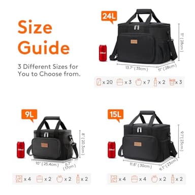 Lifewit Large Lunch Bag Insulated Lunch Box Soft Cooler Cooling Tote for Adult Men Women, Black 24-Can (15L) - Image 3