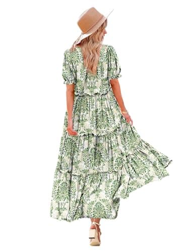 YESNO Summer Casual Bohemian Floral Dresses for Women Puff Short Sleeve Long Maxi Dress with Pockets (L ETX CR425) - Image 1