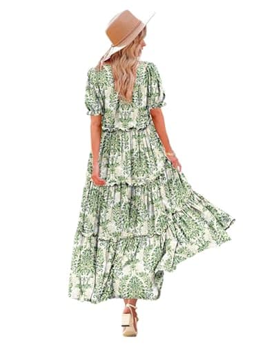 YESNO Summer Casual Bohemian Floral Dresses for Women Puff Short Sleeve Long Maxi Dress with Pockets (L ETX CR425) - Image 1