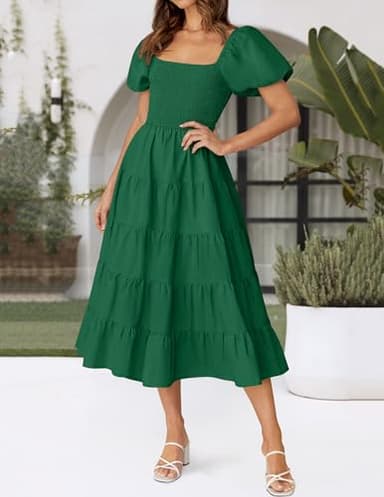 ZESICA Women's 2025 Summer Square Neck Short Puff Sleeve Solid Color High Waist Casual Smocked Flowy A Line Tiered Midi Dress,ForestGreen,X-Large - Image 3