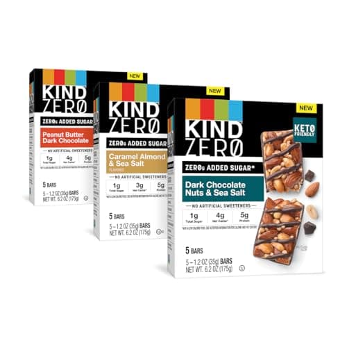KIND ZERO Added Sugar Bars, Variety Pack, Dark Chocolate Nuts & Sea Salt, Caramel Almond & Sea Salt, Peanut Butter Dark Chocolate, Keto Friendly Snacks, Gluten Free, 5g Protein, 15 Count - Image 1
