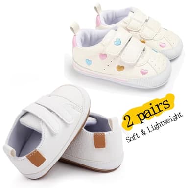 BEIDI Baby Girls Boys Shoes Soft Anti-Slip Sole Newborn First Walkers Star High Top Canvas Denim Unisex Infant Sneaker (G/2Pairs Heart+White,0-6 Months) - Image 4