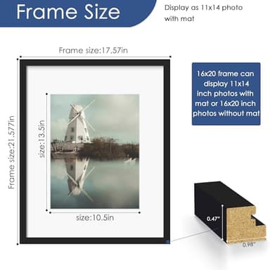 PEALSN 16x20 Picture Frame Set of 6, Display Pictures 11 x 14 with Mat or 16 x 20 Without Mat for Wall Mounting Display, Poster Frames Collage for Wall Decor, Black. - Image 2