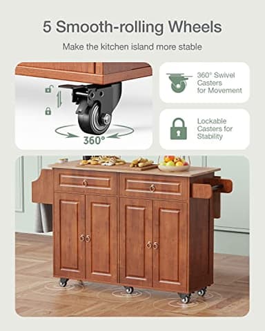 Qsun Kitchen Island with Drop Leaf and Storage, on Wheels Two Drawers, Large Storage Cabinet, Towel Rack Spice Cart Brown - Image 6