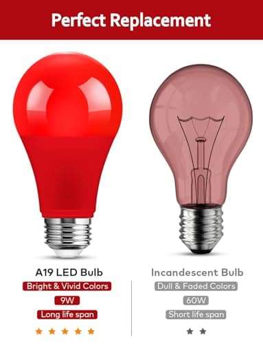 Red Light Bulb, Red Christmas Light Bulb A19 9W (60W Equivalent), 120V E26 Base A19 LED Colored Bulb, Color LED Bulbs, 4 Pack for Party, Porch, Holiday Lighting - Image 4