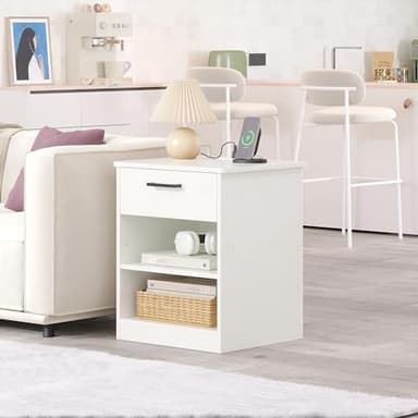 ODIKA Everyday Side Table with Fast Charging Station - USB C Cable Fast Charging, Wooden White Nightstand Bedside Table with Drawer, End Table with Optional Adjustable Shelf for Bedroom, Set of 1 - Image 2