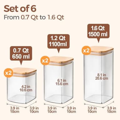 ComSaf Airtight Glass Storage Canister with Lids (0.7Qt/1.2Qt/1.6Qt) Set of 6, Food Storage Container Kitchen Pantry Storage Jar, Glass Jars for Flour Cereal Sugar Tea Coffee Beans Snacks, Square - Image 3