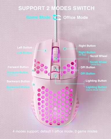 SOLAKAKA SM900 Pink Wired Gaming Mouse with Honeycomb Shell,12800 DPI,7 Programmable Buttons,Lightweight Gaming Mice Ergonomic Computer Mouse Gaming for Windows/PC/Mac/Laptop Gamer - Image 6