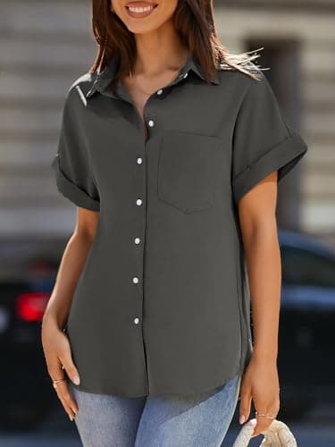 Beautife Womens Short Sleeve Shirts V Neck Collared Button Down Shirt Tops with Pockets (Large, Dark Grey) - Image 2