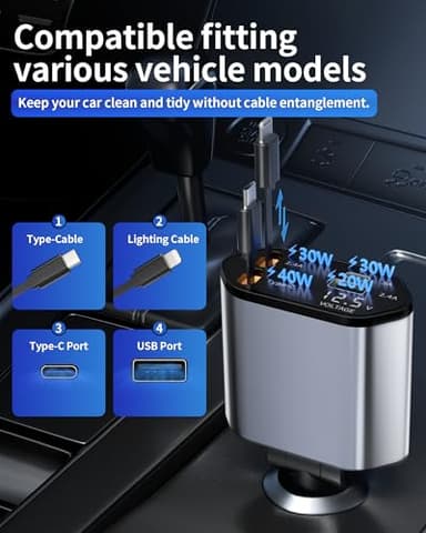 Retractable Car Charger, 4 in 1 Fast Charging Car Charger USB-C & USB-A Compatible with iPhone 16/15/14/13/12/11,Galaxy,Pixel - Image 5