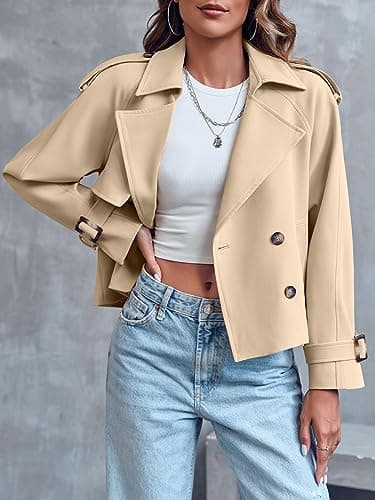 Saodimallsu Women Crop Double Breasted Trench Coat Raglan Sleeve Work Office Cropped Jacket With Pockets - Image 2