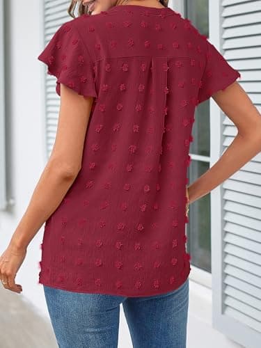 MEROKEETY Women Short Sleeve Notched V Neck Blouse Summer Casual Swiss Dot Boho Solid Top WineRed Large - Image 4