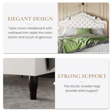 SHA CERLIN Queen Size Bed Frame with Adjustable Headboard/Velvet Upholstered/Diamond Button Tufted and Metal Studs/No Box Spring Needed/Sturdy Wood Slat Support/Easy Assembly/White - Image 7