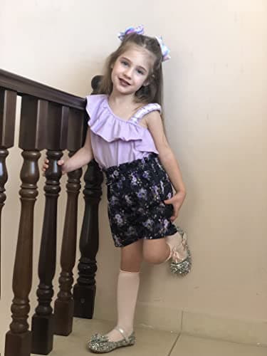 DISAUR Girls Summer Clothes Baby Purple t-Shirt+ Purple Flower Printed Black Shorts Toddler Spring Clothes 12-18 Months 1t - Image 2