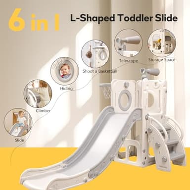 Baotree 6 in 1 Toddler Playset with Slide, Kids Slide with Basketball Hoop, Ball, Ring Toss, Indoor Outdoor Toys (White Grey) - Image 2
