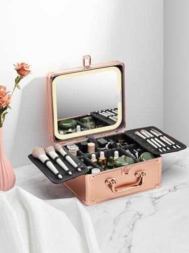 Qislee Makeup Box with A Detachable Lighted Mirror, Waterproof Travel Train Case, Cosmetic Organizer and Makeup Suitcase with Adjustable Dividers, Magnetic LED Mirror(Rose Gold) - Image 8