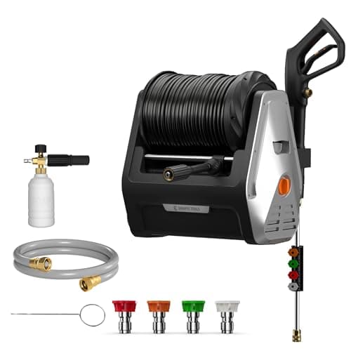 Giraffe Tools Grandfalls Pressure Washer, Max 2900 PSI, 2.2 GPM Electric Wall Mounted Power Washer with 100ft Retractable Pressure Hose, Foam Cannon, 4-Nozzles for Car/Driveways/Patios, Light Silver - Image 1