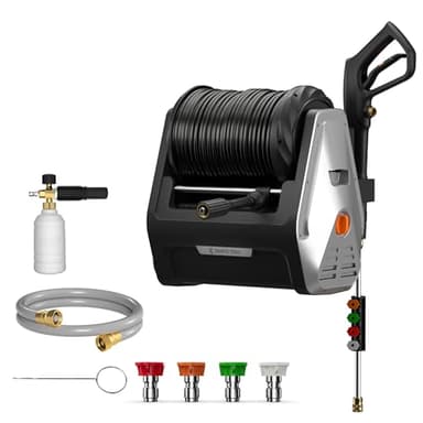 Giraffe Tools Grandfalls Pressure Washer, Max 2900 PSI, 2.2 GPM Electric Wall Mounted Power Washer with 100ft Retractable Pressure Hose, Foam Cannon, 4-Nozzles for Car/Driveways/Patios, Light Silver - Image 1