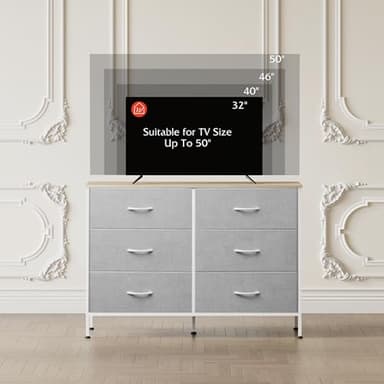 WLIVE 6 Drawer Dresser for Bedroom, Wide Fabric Dresser TV Stand for 50 Inches TV with Metal Frame, Wooden Top, Chest of Drawers, Storage Organizer for Living Room, Hallway, Light Grey - Image 5