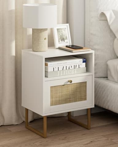 Masupu Rattan Nightstand,Modern Boho Farmhouse Wood Bedside Table with Storage Drawer and Open Shelf,Small Gold Frame Side End Table for Bedroom,Living Room,Office(White - Image 3