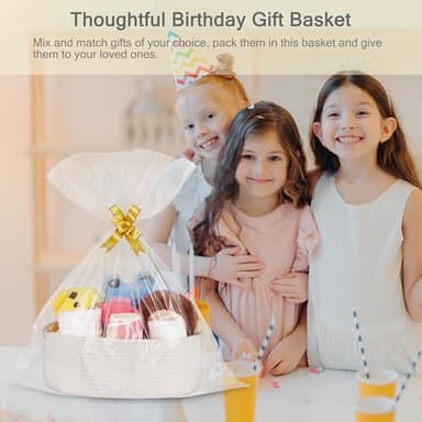 BOSROTY Small Woven Basket with Gift Bags and Ribbons, Empty Baby Gift Baskets for Kids Women Men, Shelf Storage, Small Cat Dog Pet Toy Boxes, 13”x 9”x 5.5”, White - Image 3
