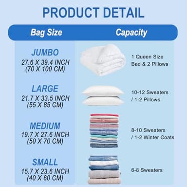 Fygrip 16 Pack Vacuum Storage Bags with Hand Pump, 4 Jumbo + 4 Large + 4 Medium + 4 Small Plastic Packaging Bags, 80% Space Saver Vacuum Seal Bags for Clothing, Travel Lugggage, Blankets, Comforters - Image 5