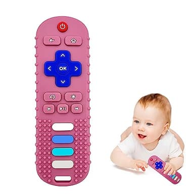 ROBBEAR Baby Teething Toys, Food Grade Silicone Teether for Babies 3 6 12 18 Months, TV Remote Shape Toddlers Chew Toys, Freezer BPA Free (Pink RC) - Image 1