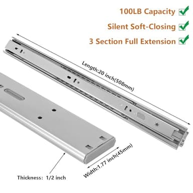 LONTAN 10 Pairs Soft Close Drawer Slides 20in SL4502S3-20 Ball Bearing Full Extension Dresser Drawer Glides Side Mount Heavy Duty Cabinet Rails 100lb Capacity - Image 2