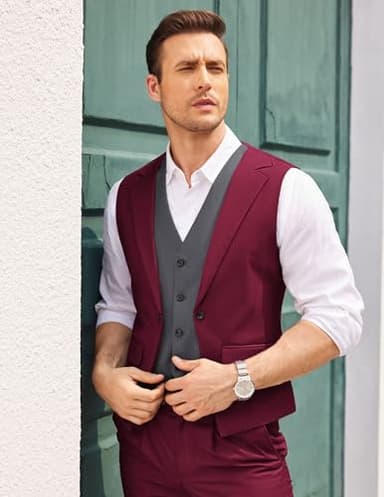 COOFANDY Men's Layered Suit Vest Business Dress Vests Formal Wedding Waistcoat Slim Fit Wine Red - Image 3