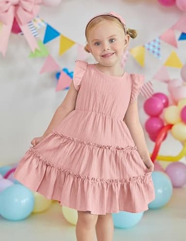 Arshiner Toddler Girls Pink Dress Ruffle Sleeveless Tiered Swing Twirly Dresses Cute Summer Beach Sundress Size 5 - Image 2