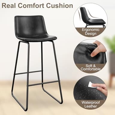 REONEY Bar Stools Set of 4, Faux Leather Counter Height Stools, 30" Modern Bar Stools with Metal Legs and Footrest, Urban Armless Counter Chairs with Back for Kitchen Island (Black) - Image 7