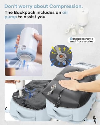Vacuum Travel Backpack with Pump for Women, Personal Item Carry on Backpacks Flight Approved 18x14x8 inches for Men,Laptop Waterproof Work Compression bags Casual Daypack,Blue - Image 4