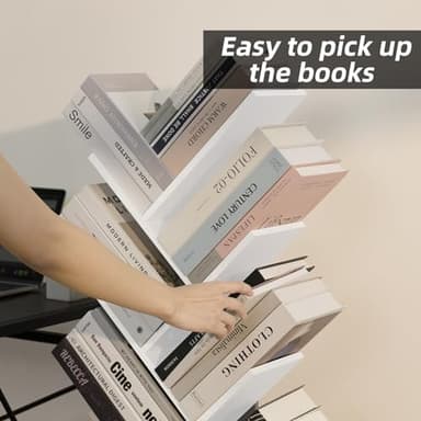 SHEEPAM 8 Tier Tree Bookshelf with Drawer, Free Standing Wood Bookcase for Living Room, Bedroom, Home Office, Space Saving Storage Organizer Bookshelves for Books, CDs, Vinyl Records- White - Image 9